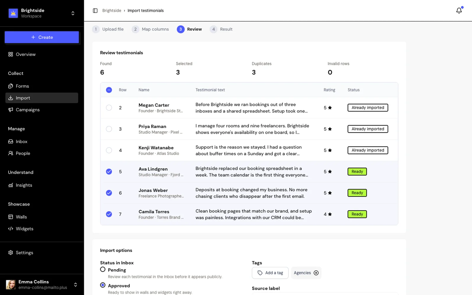 Import review screen with duplicates flagged